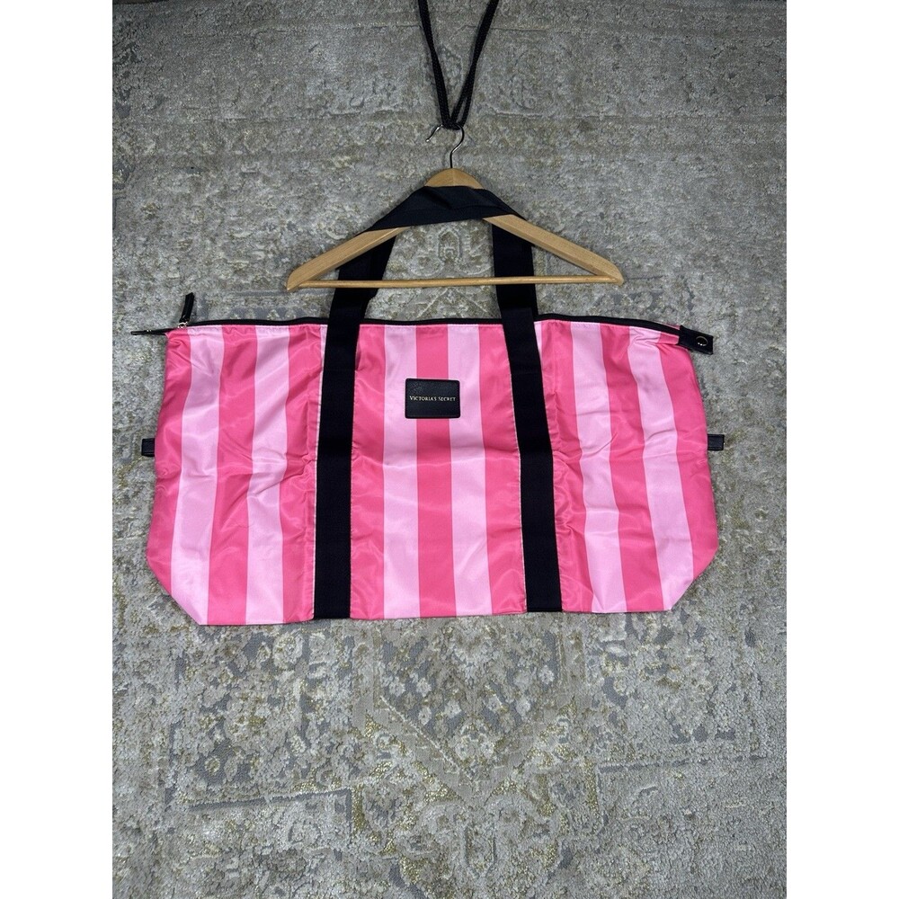 Victorias Secret Hot Pink Striped Packable Travel Weekender Bag Pouch NWT